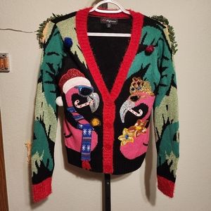 Festive Flamingo Cardigan Sweater - Black and Red